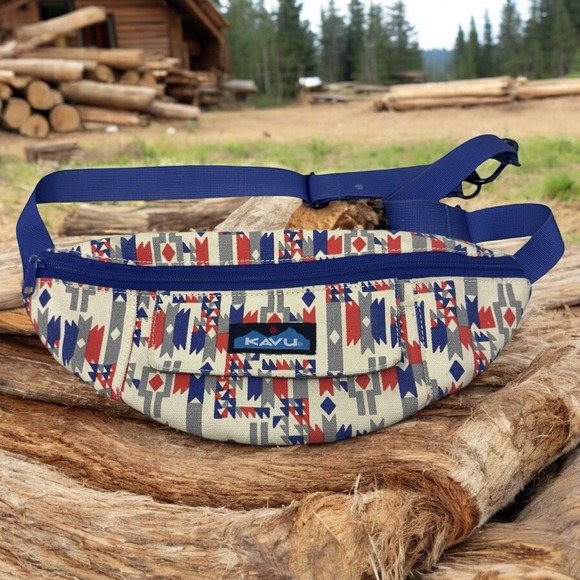KAVU Rope Bag Sling Fanny Pack Aztec Geometric Canvas Blue Hiking Travel - Picture 1 of 10